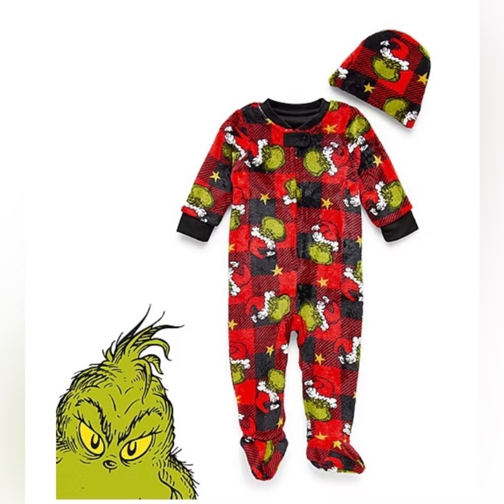 Infants Dr. Seuss Grinch Size 3 Months  Microfleece Long Sleeve Footed Pajamas.